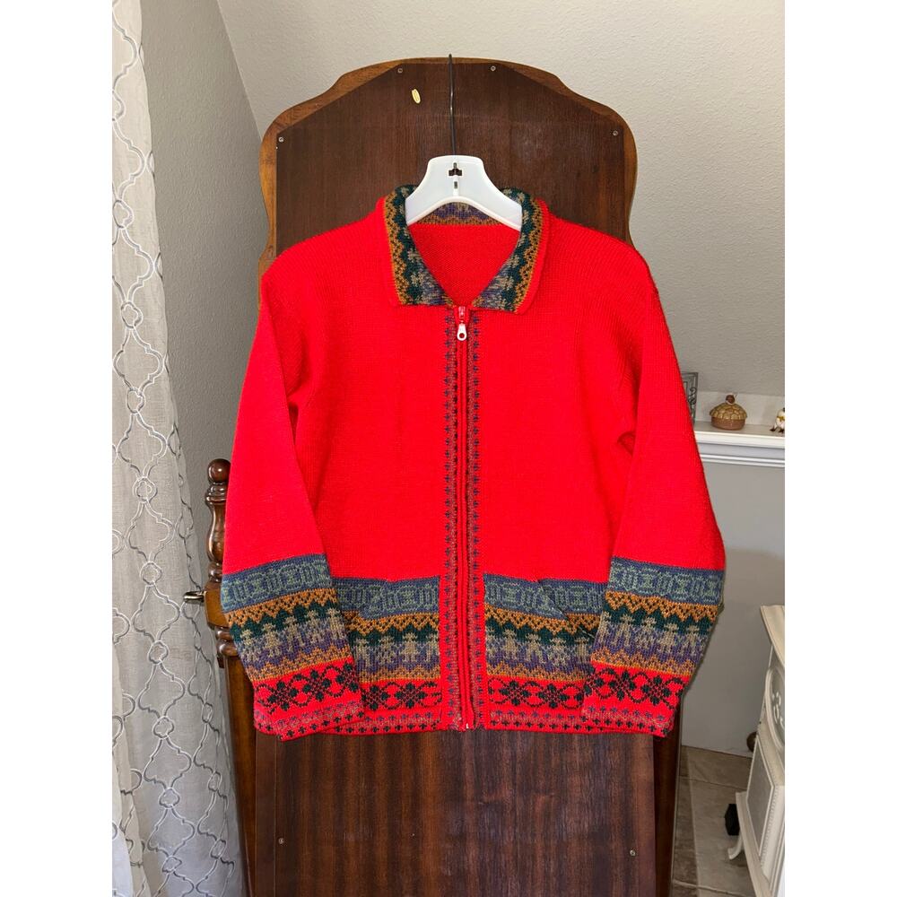 Peruvian 100% Alpaca Handwoven Fair Isle Design Red Sweater Cardigan Zip Medium